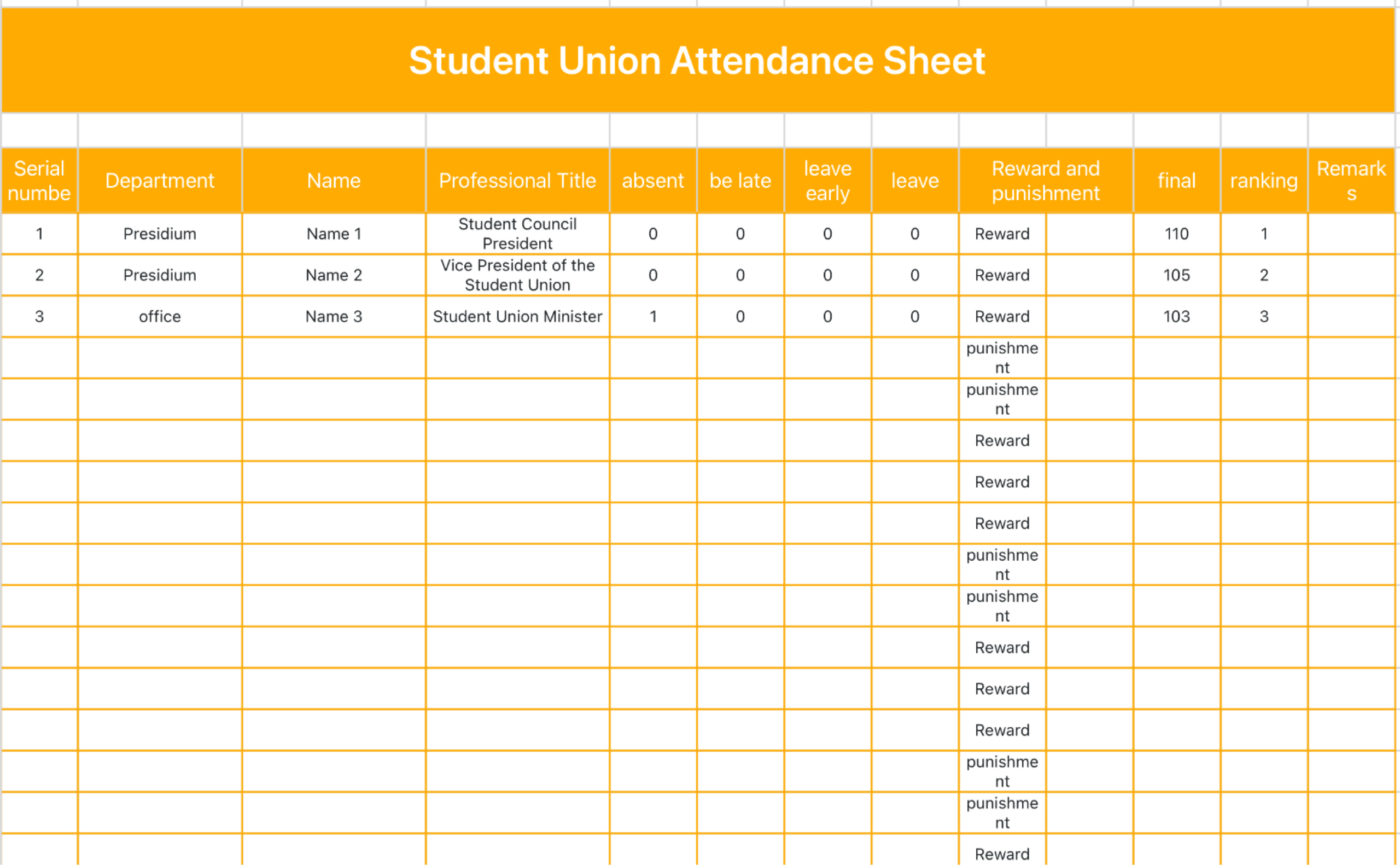 Student Union Attendance Sheet